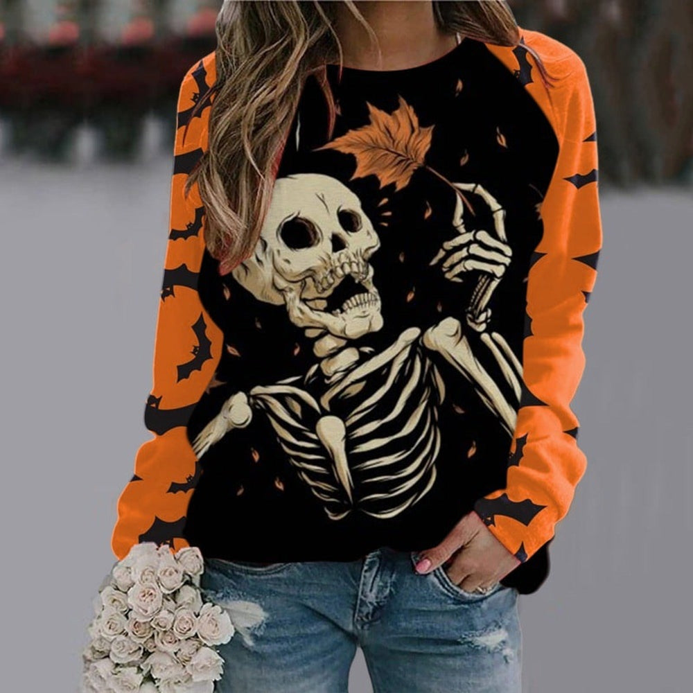 Women's Halloween graphic sweatshirt with witch and skeleton designs, crew neck and long sleeves