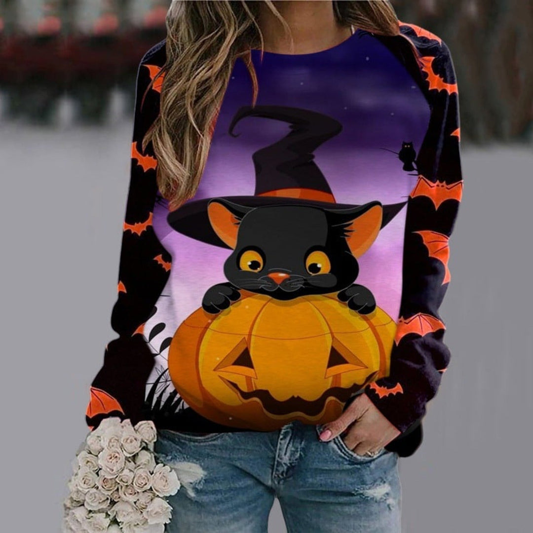 Women's Halloween graphic sweatshirt with witch and skeleton designs, crew neck and long sleeves