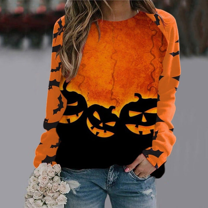 Women's Halloween graphic sweatshirt with witch and skeleton designs, crew neck and long sleeves