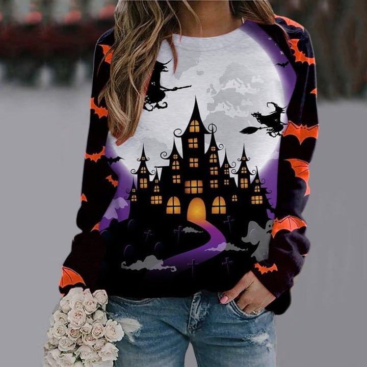 Women's Halloween graphic sweatshirt with witch and skeleton designs, crew neck and long sleeves