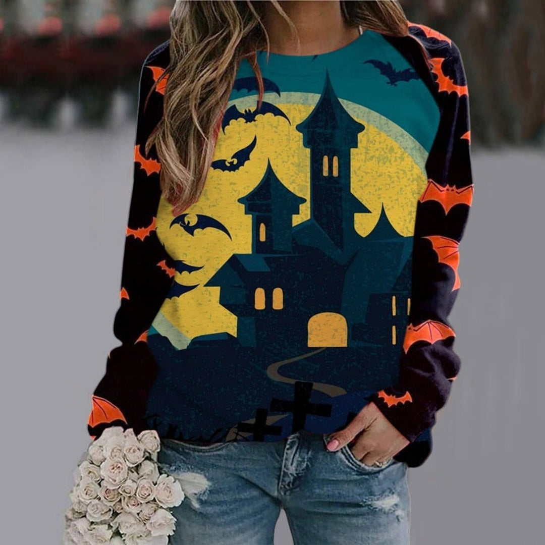 Women's Halloween graphic sweatshirt with witch and skeleton designs, crew neck and long sleeves