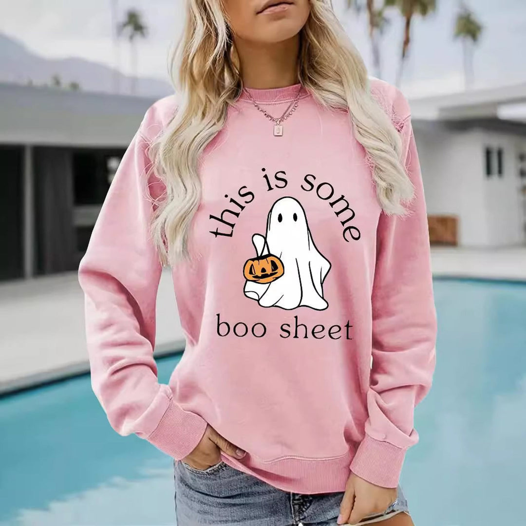 Women's long-sleeve Halloween sweatshirt with ghost and pumpkin graphic
