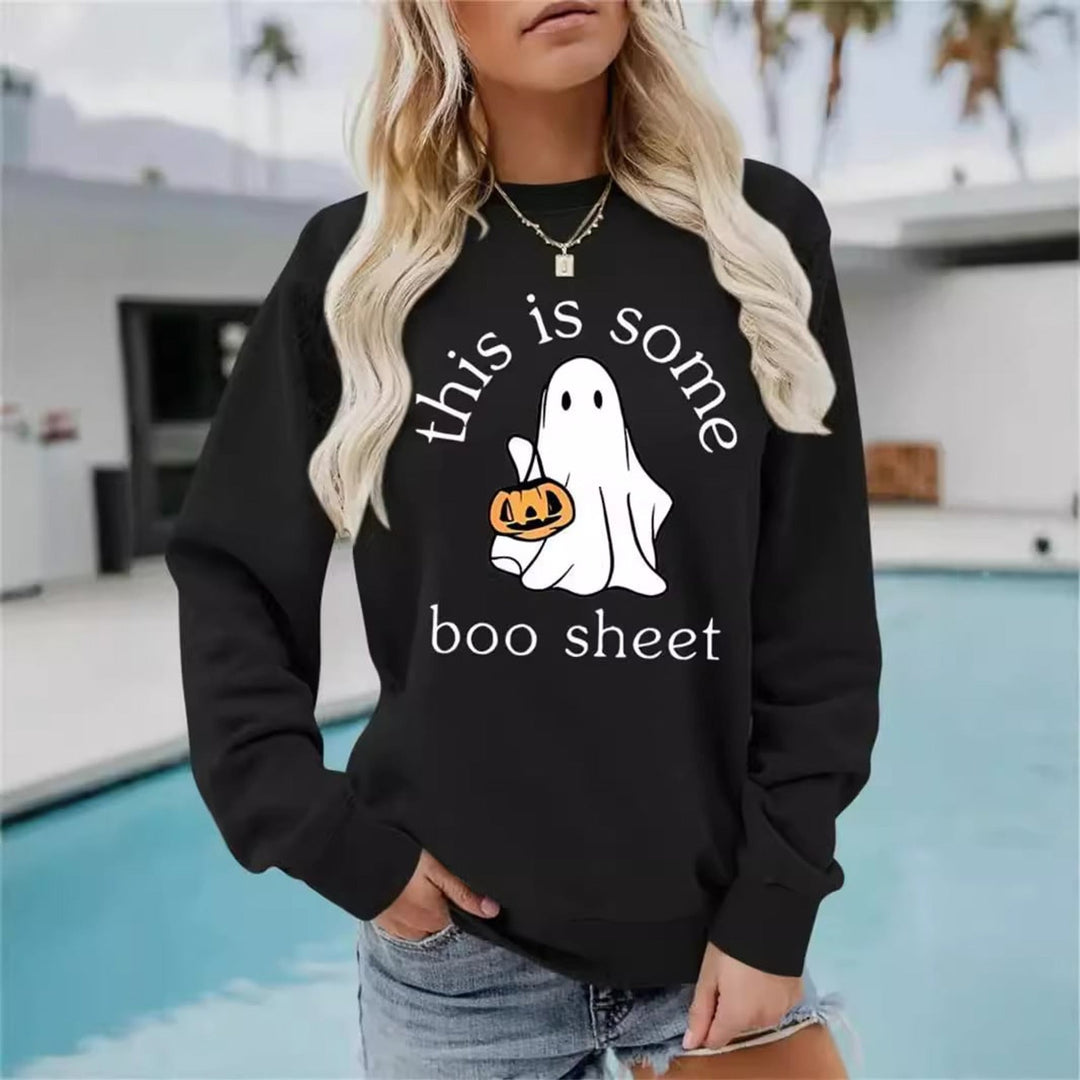 Women's long-sleeve Halloween sweatshirt with ghost and pumpkin graphic