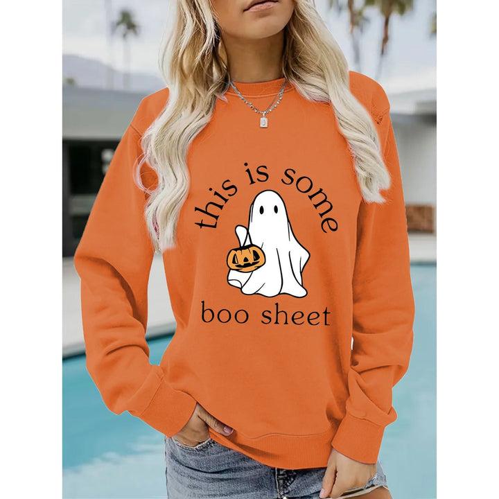 Women's long-sleeve Halloween sweatshirt with ghost and pumpkin graphic