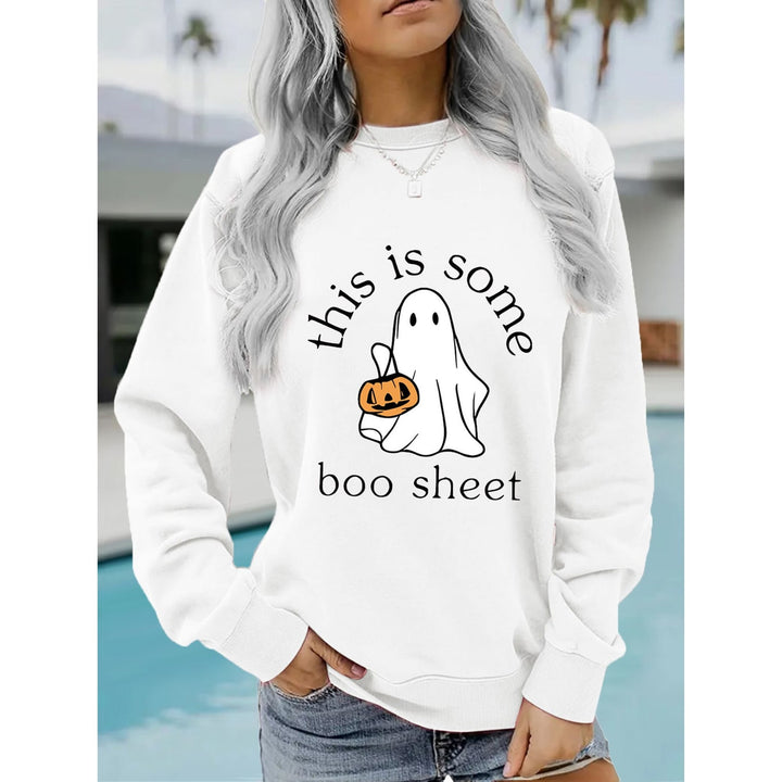 Women's long-sleeve Halloween sweatshirt with ghost and pumpkin graphic