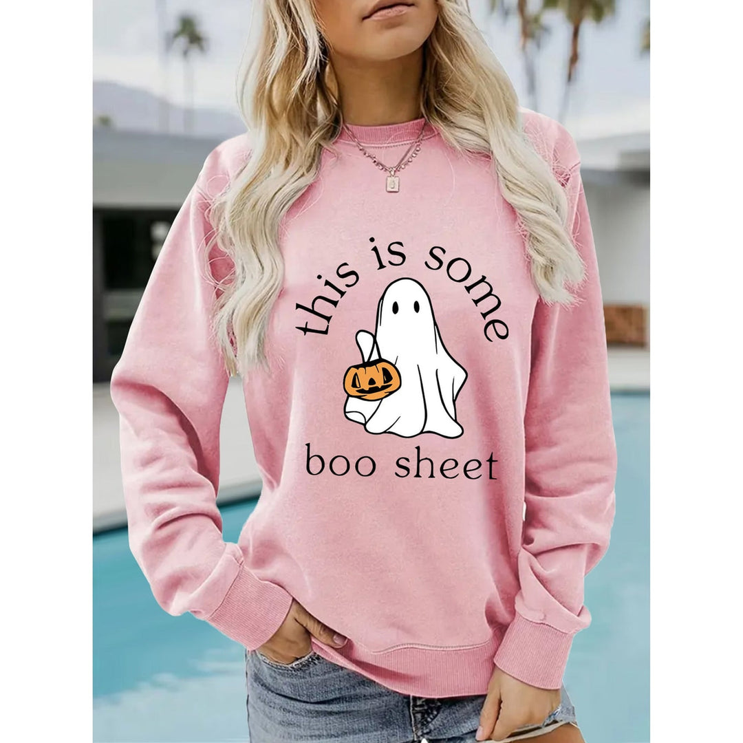 Women's long-sleeve Halloween sweatshirt with ghost and pumpkin graphic