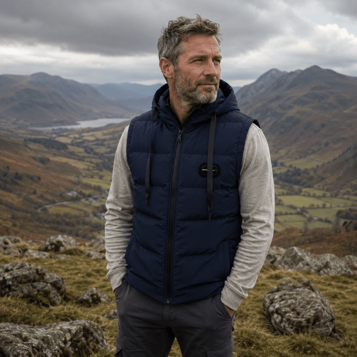 Hooded quilted sleeveless puffer gilet with full zip and front zip pockets