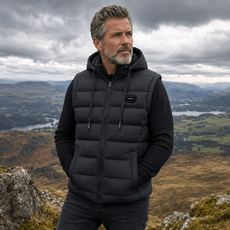 Hooded quilted sleeveless puffer gilet with full zip and front zip pockets