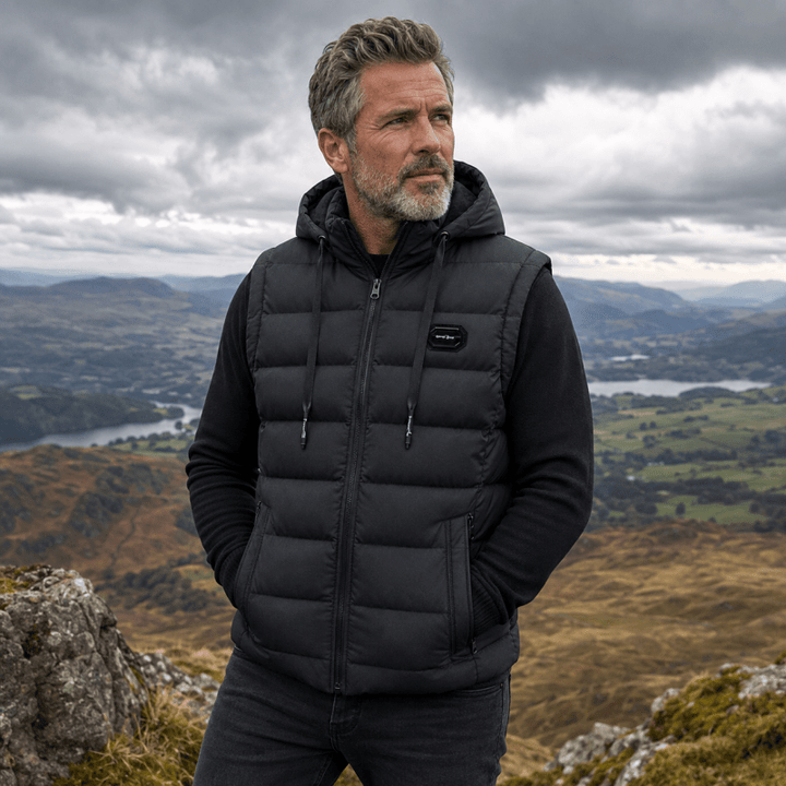 Hooded quilted sleeveless puffer gilet with full zip and front zip pockets
