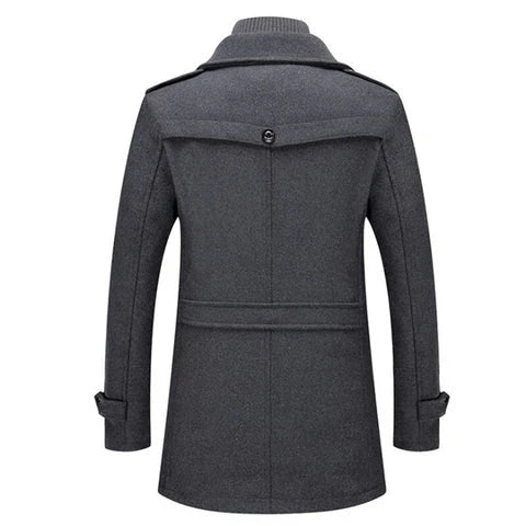 Men's long two-piece coat with mock neck, lapels, pockets, and long sleeves