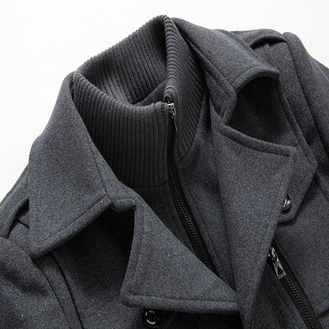 Men's long two-piece coat with mock neck, lapels, pockets, and long sleeves