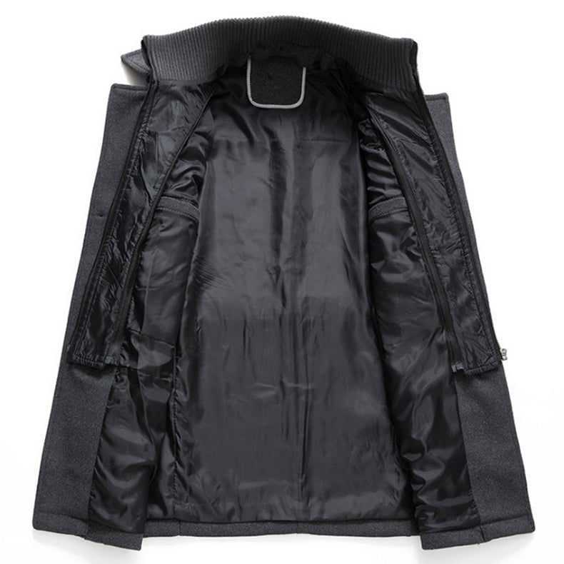 Two-piece coat with high-neck layer, lapel collar and multiple pockets