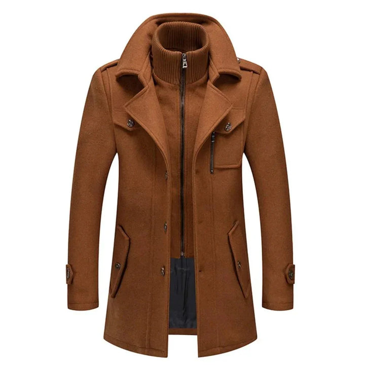 Men's long two-piece coat with mock neck, lapels, pockets, and long sleeves