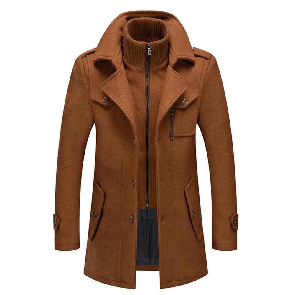 Two-piece coat with high-neck layer, lapel collar and multiple pockets