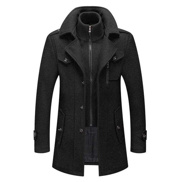 Two-piece coat with high-neck layer, lapel collar and multiple pockets