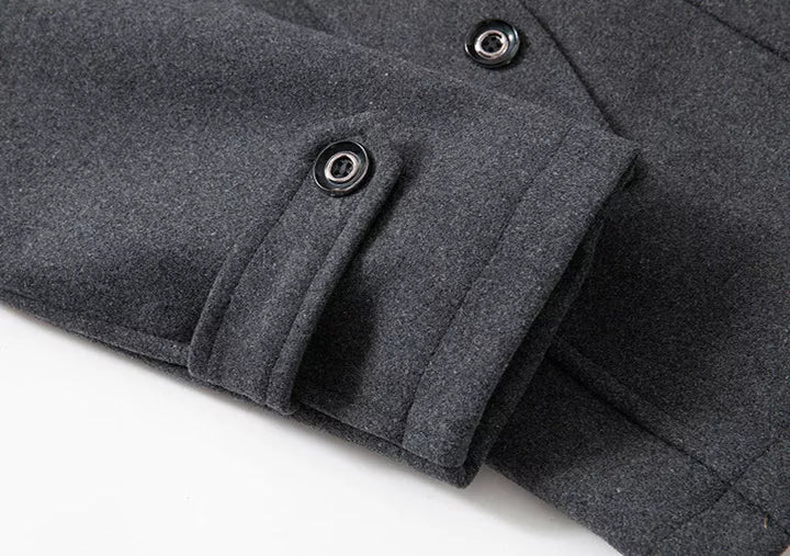 Two-piece coat with high-neck layer, lapel collar and multiple pockets