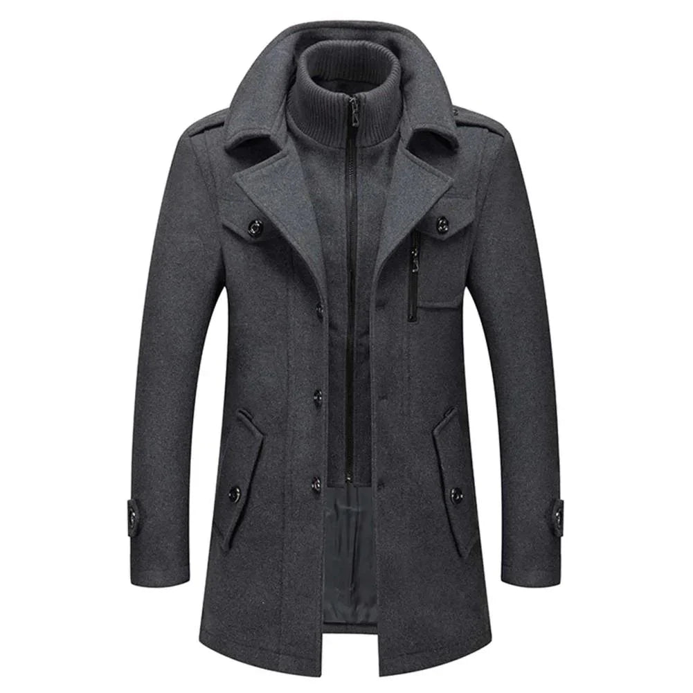 Men's long two-piece coat with mock neck, lapels, pockets, and long sleeves