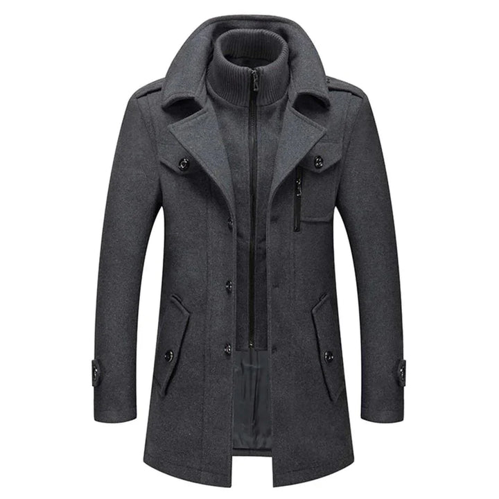 Men's long two-piece coat with mock neck, lapels, pockets, and long sleeves