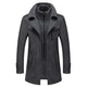 Men's long two-piece coat with mock neck, lapels, pockets, and long sleeves