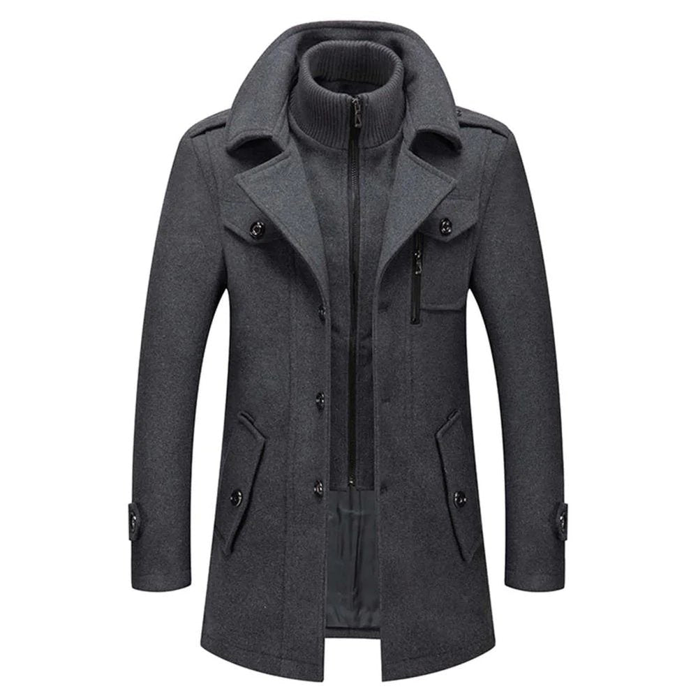 Two-piece coat with high-neck layer, lapel collar and multiple pockets