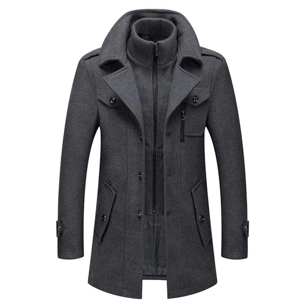 Two-piece coat with high-neck layer, lapel collar and multiple pockets
