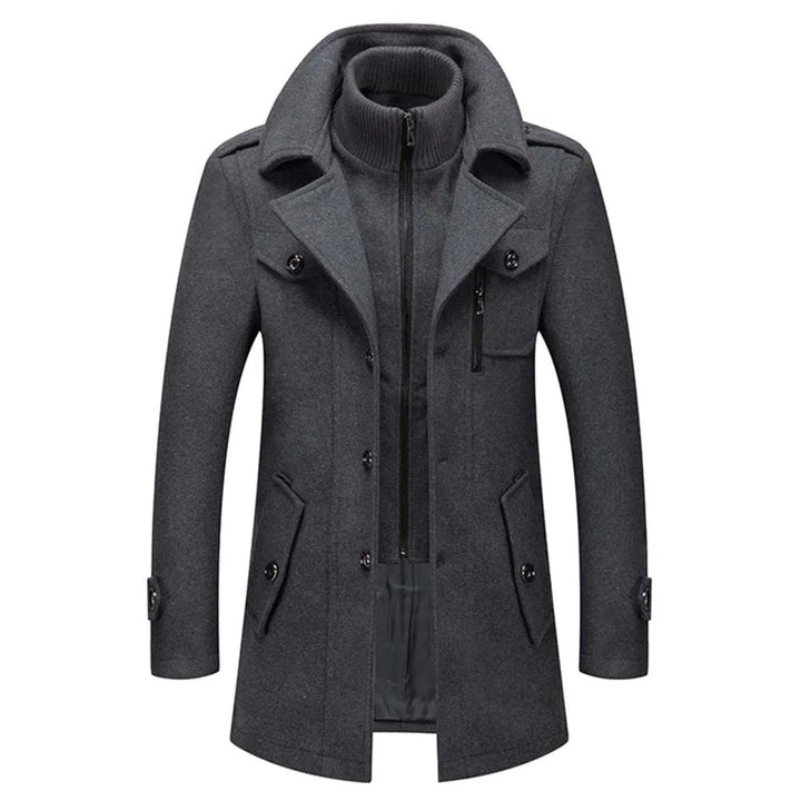 Two-piece coat with high-neck layer, lapel collar and multiple pockets
