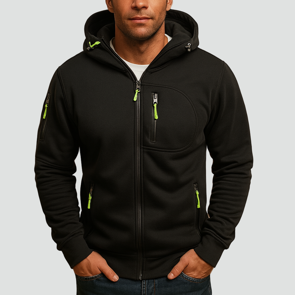 Full zip fleece hoodie jacket with drawstring hood and zipped pockets