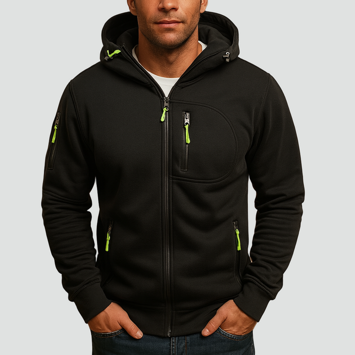 Full zip fleece hoodie jacket with drawstring hood and zipped pockets