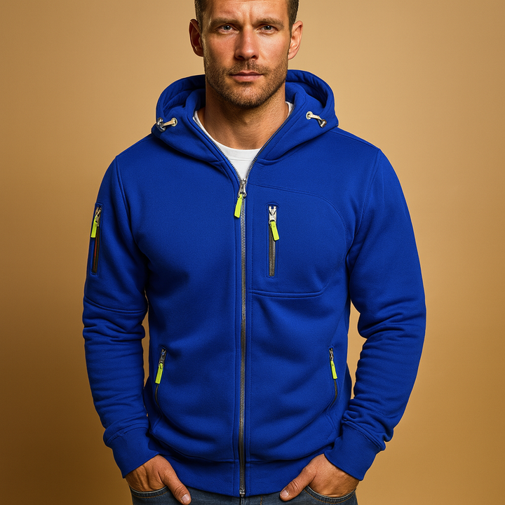 Full zip fleece hoodie jacket with drawstring hood and zipped pockets