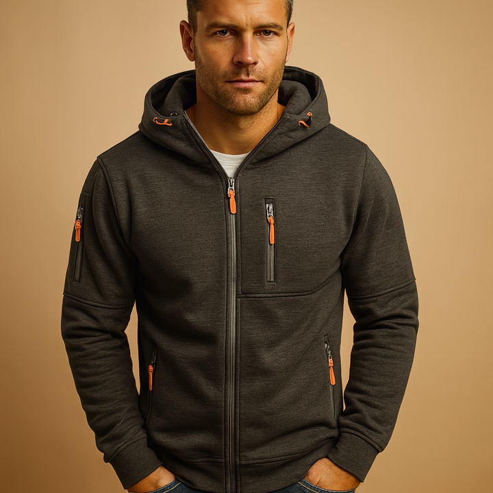 Full zip fleece hoodie jacket with drawstring hood and zipped pockets