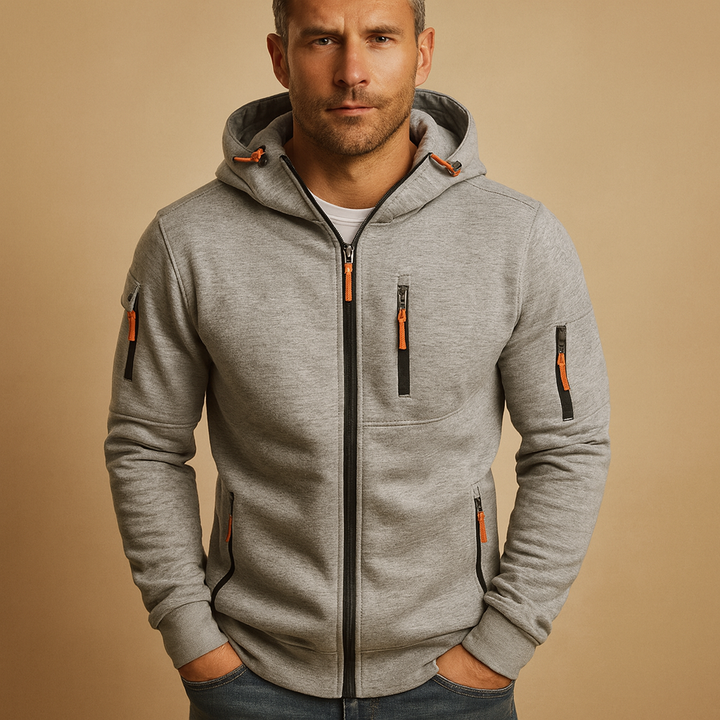 Full zip fleece hoodie jacket with drawstring hood and zipped pockets
