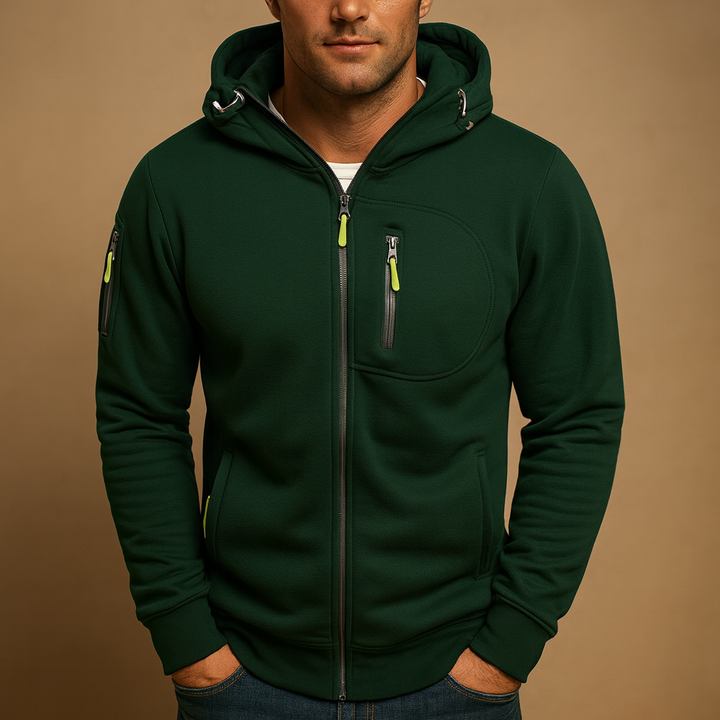Full zip fleece hoodie jacket with drawstring hood and zipped pockets