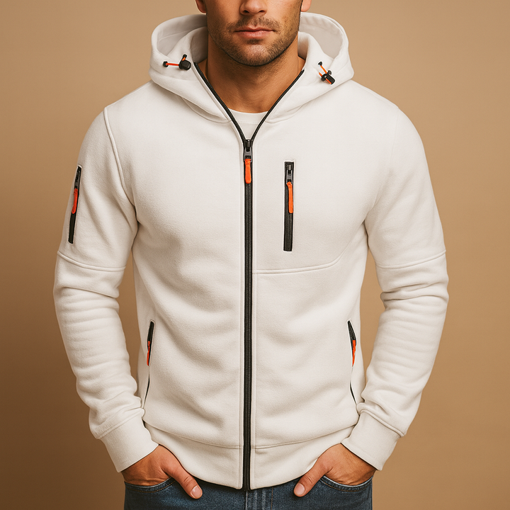 Full zip fleece hoodie jacket with drawstring hood and zipped pockets
