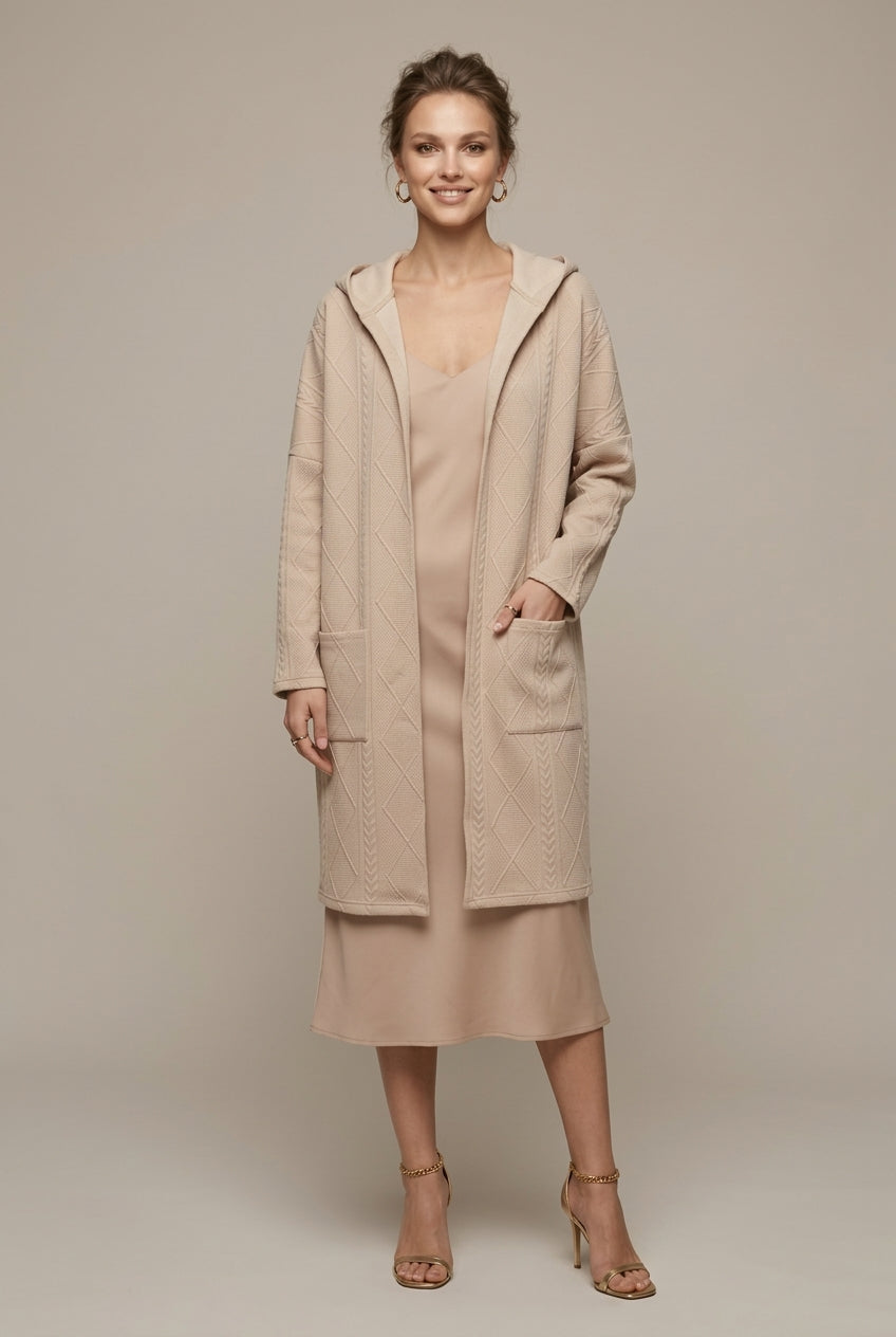 Women's hooded textured longline cardigan with open front and front pockets
