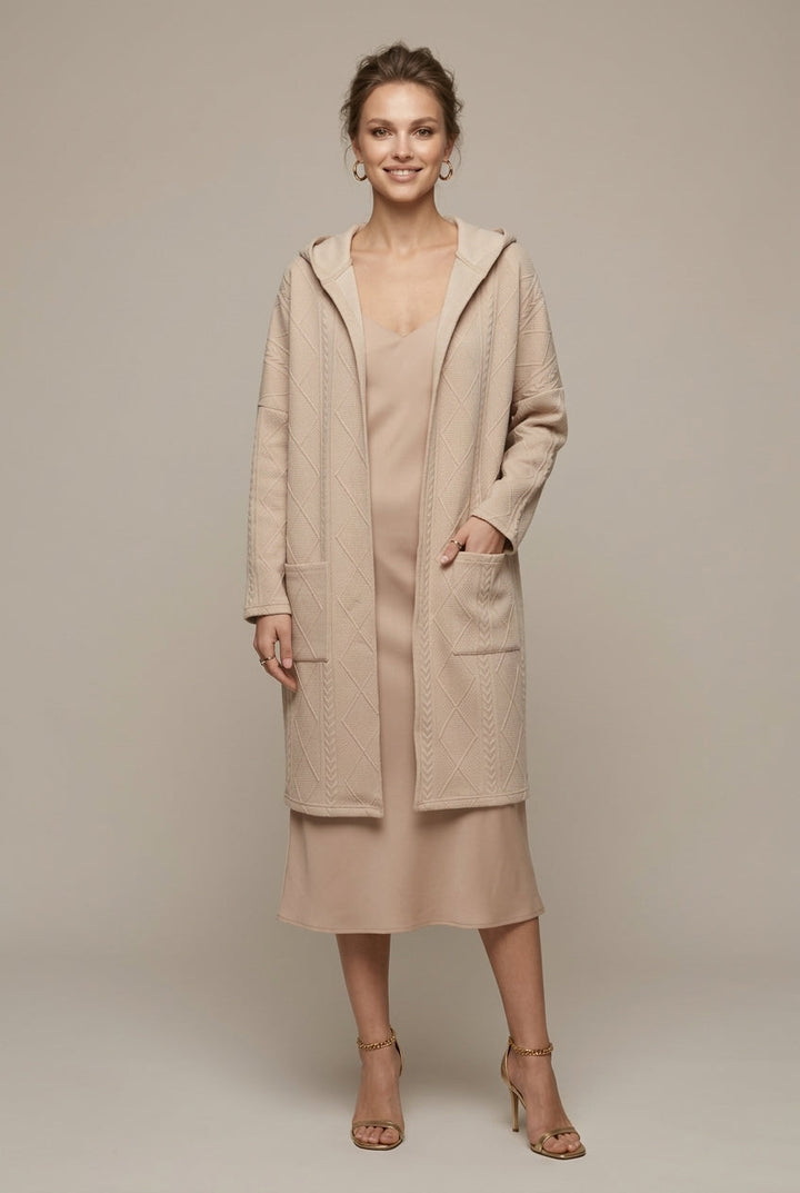 Women's hooded textured longline cardigan with open front and front pockets