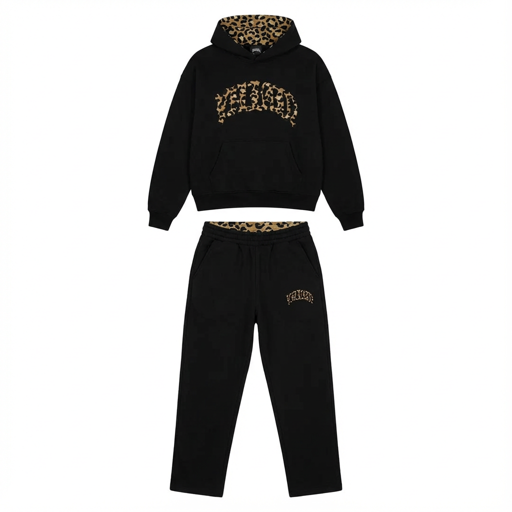 Women's two-piece hoodie and jogger lounge set with leopard-print details