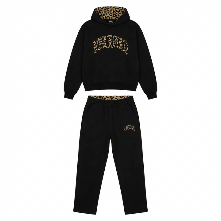 Women's two-piece hoodie and jogger lounge set with leopard-print details