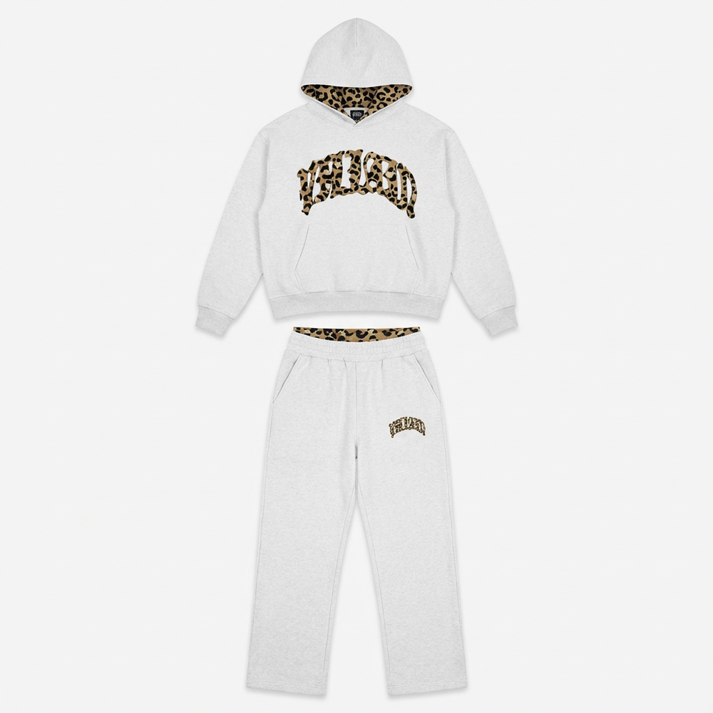 Women's two-piece hoodie and jogger lounge set with leopard-print details