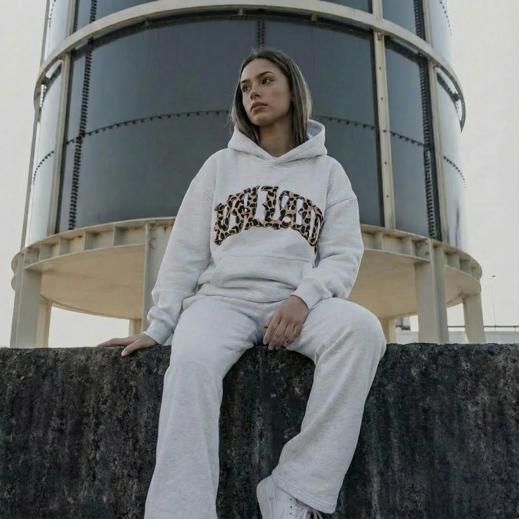 Women's two-piece hoodie and jogger lounge set with leopard-print details