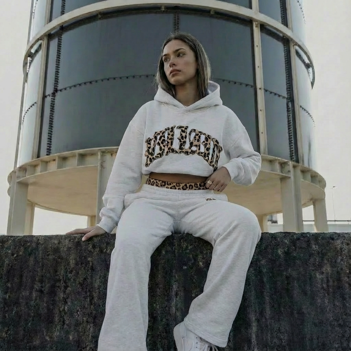 Women's two-piece hoodie and jogger lounge set with leopard-print details