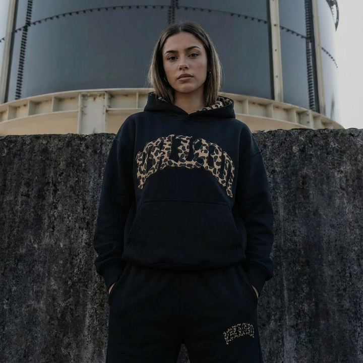 Women's two-piece hoodie and jogger lounge set with leopard-print details