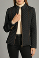 Women's black diamond quilted jacket with stand collar and zip pockets