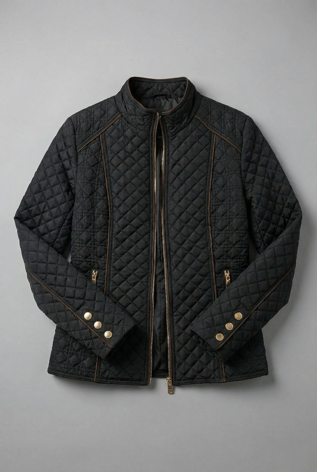 Women's black diamond quilted jacket with stand collar and zip pockets