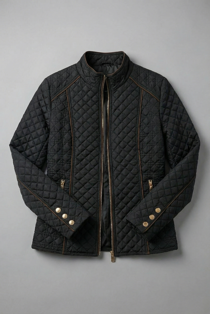 Women's black diamond quilted jacket with stand collar and zip pockets