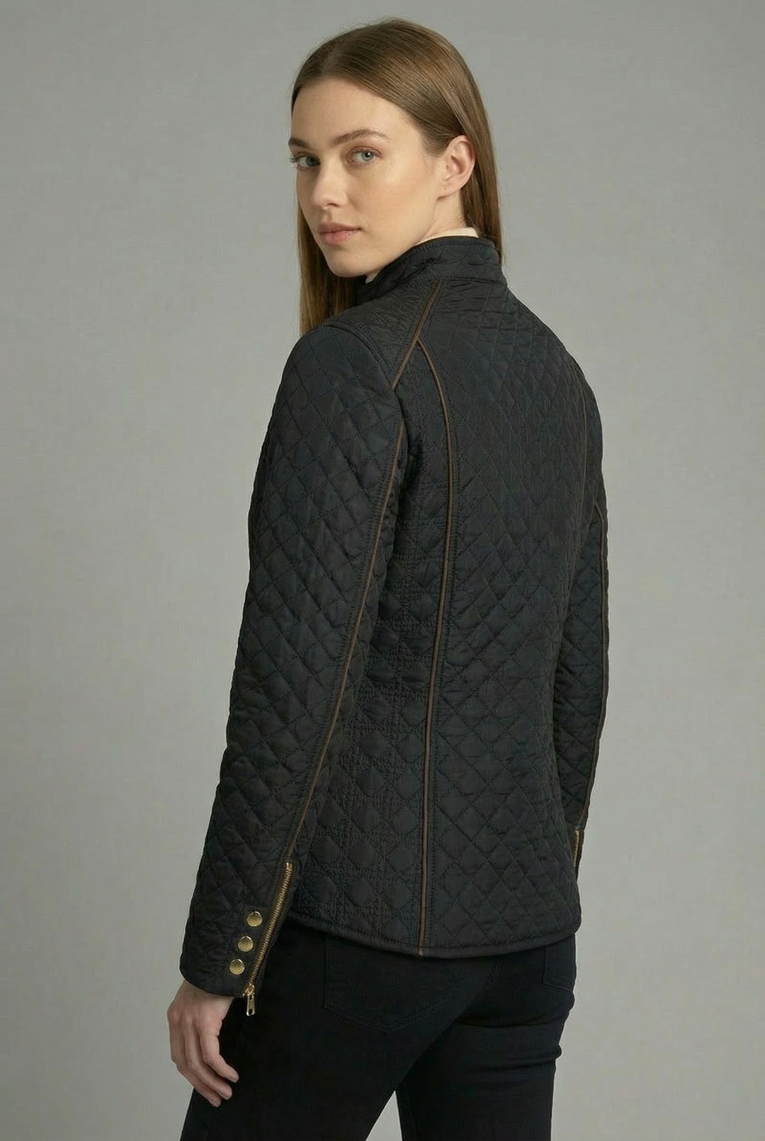 Women's black diamond quilted jacket with stand collar and zip pockets