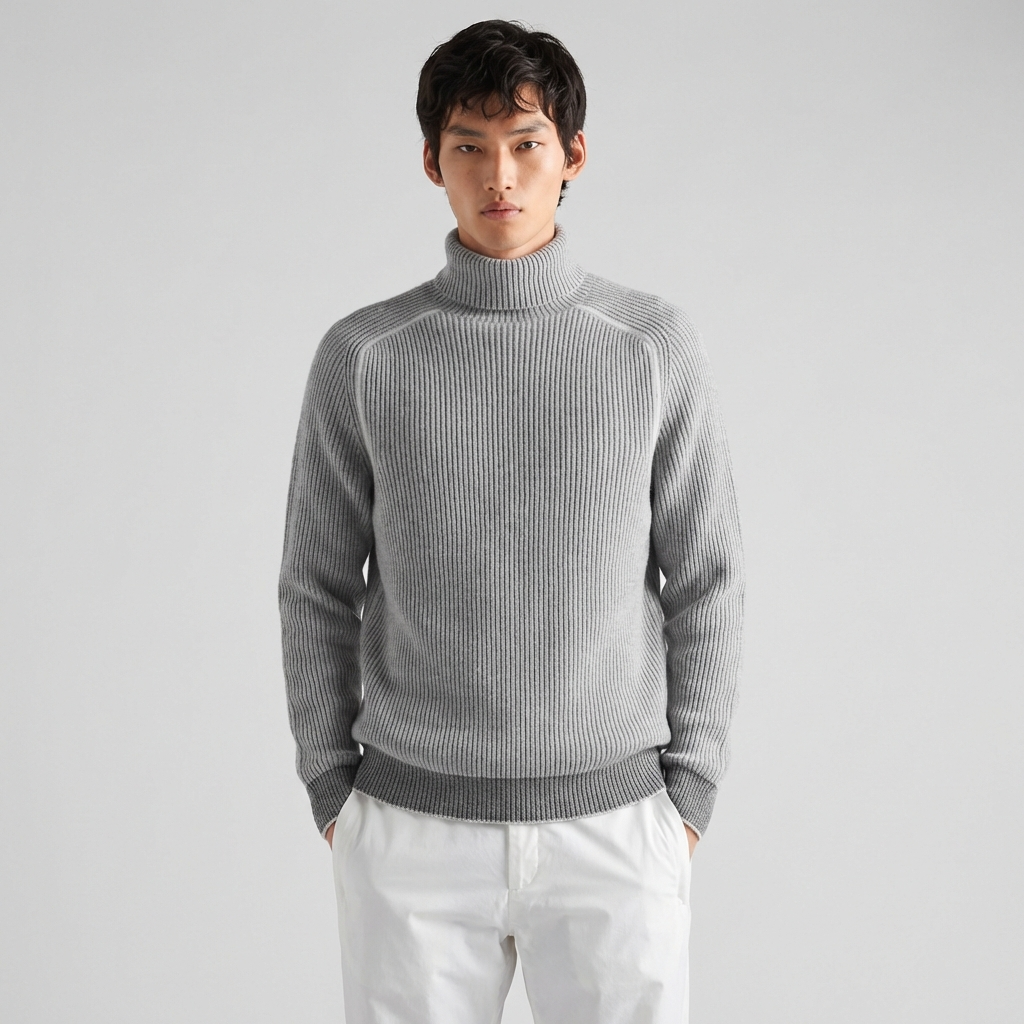 Men's ribbed turtleneck sweater shown in black and white