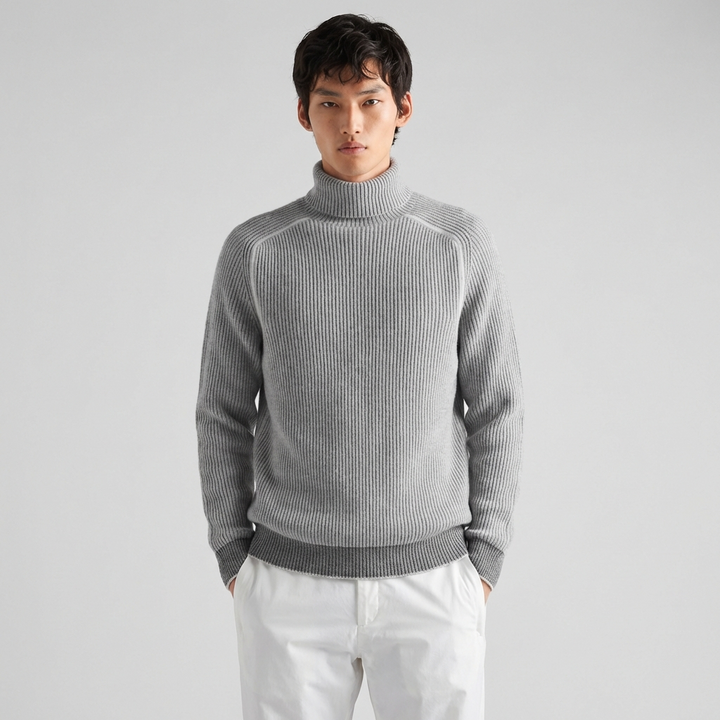 Men's ribbed turtleneck sweater shown in black and white