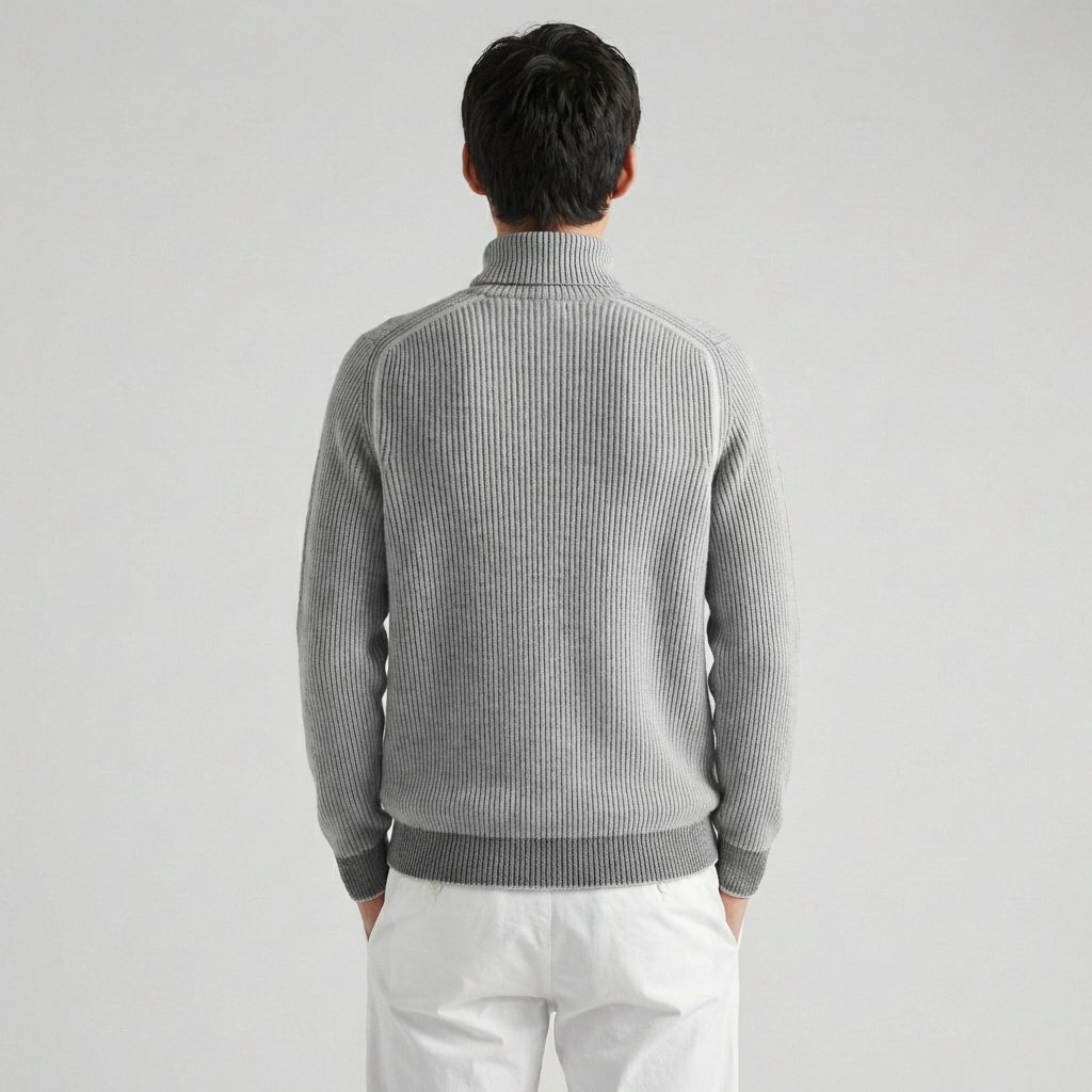 Men's ribbed turtleneck sweater shown in black and white