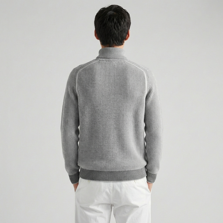 Men's ribbed turtleneck sweater shown in black and white