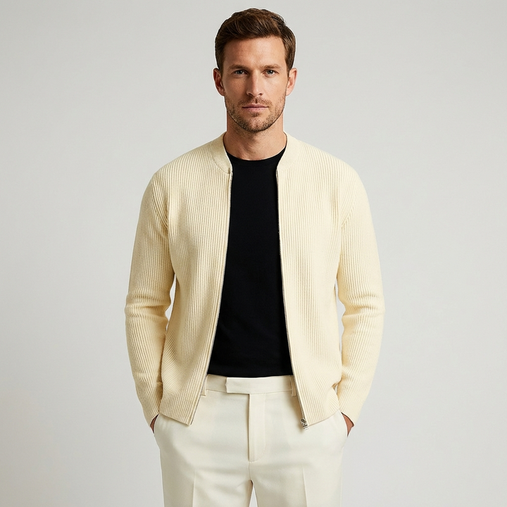 Men's ribbed knit zip cardigan with stand collar and long sleeves